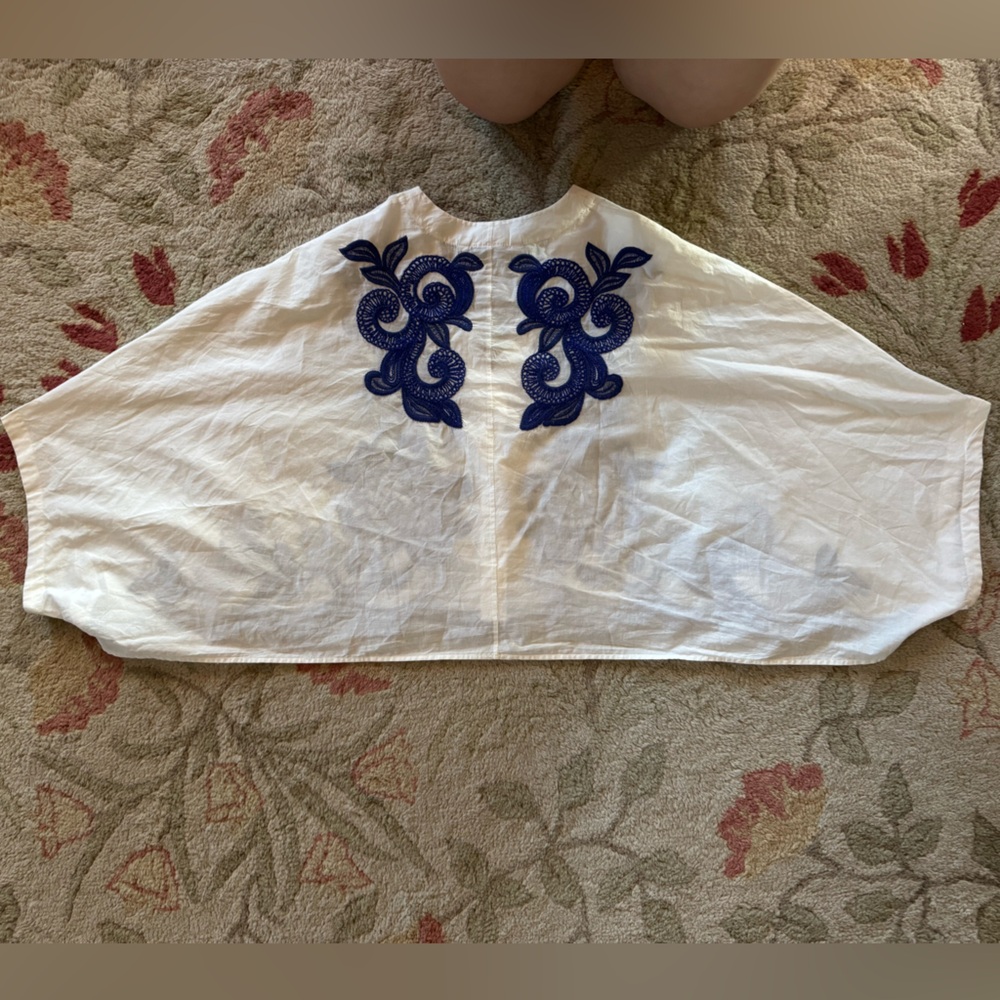 Zara Contrast Embroidered Batwing Mediterranean Small Cotton Button Up Blue - Picture 9 of 9